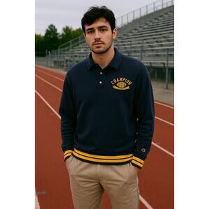 Champion 1919 Physical Education Polo Sweatshirt Navy Yellow Trim Size S